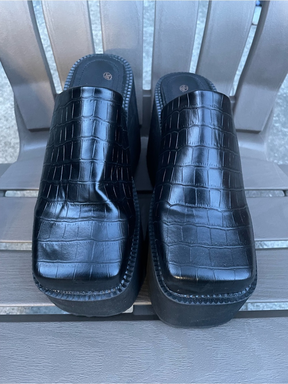Black Faux Croc-Embossed Slip-On Platform Loafers